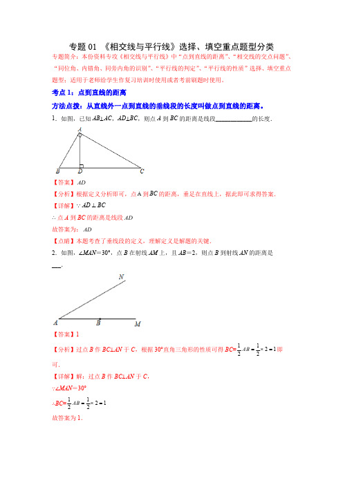 部编数学七年级下册专题01《相交线与平行线》选择、填空重点题型分类(解析版)含答案