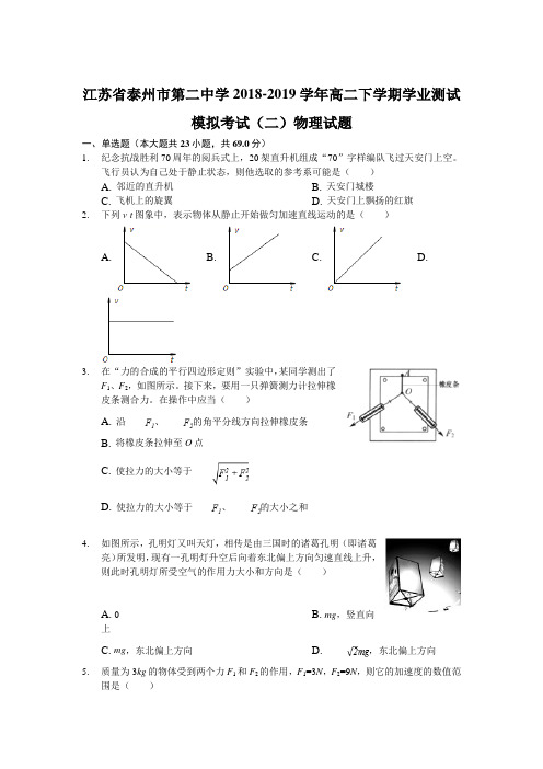 江苏省泰州市第二中学2018-2019学年高二下学期学业测试模拟考试(二)物理试题(解析版)