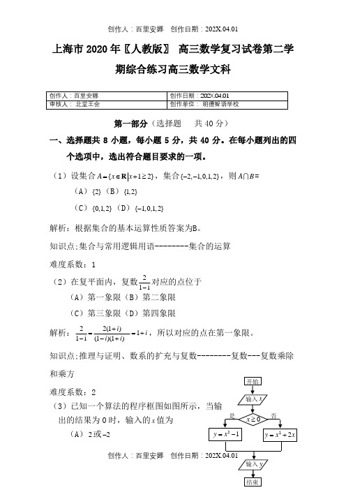 上海市2020〖人教版〗高三数学复习试卷第二学期综合练习高三数学文科