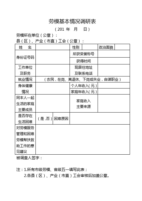 劳模基本情况调研表