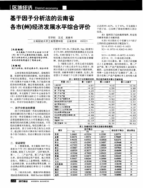 基于因子分析法的云南省各市(州)经济发展水平综合评价