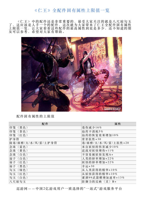 《仁王》全配件固有属性上限值一览