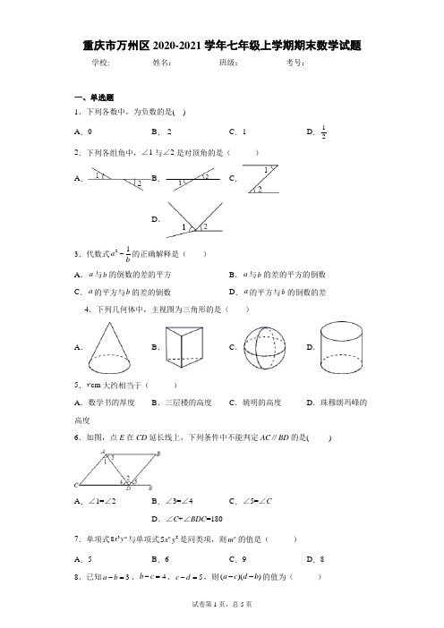 重庆市万州区2020-2021学年七年级上学期期末数学试题(含答案解析)