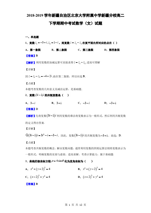 2018-2019学年新疆自治区北京大学附属中学新疆分校高二下学期期中考试数学(文)试题(解析版)