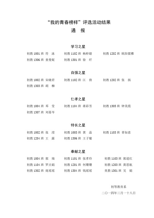 我的青春榜样评选活动结果