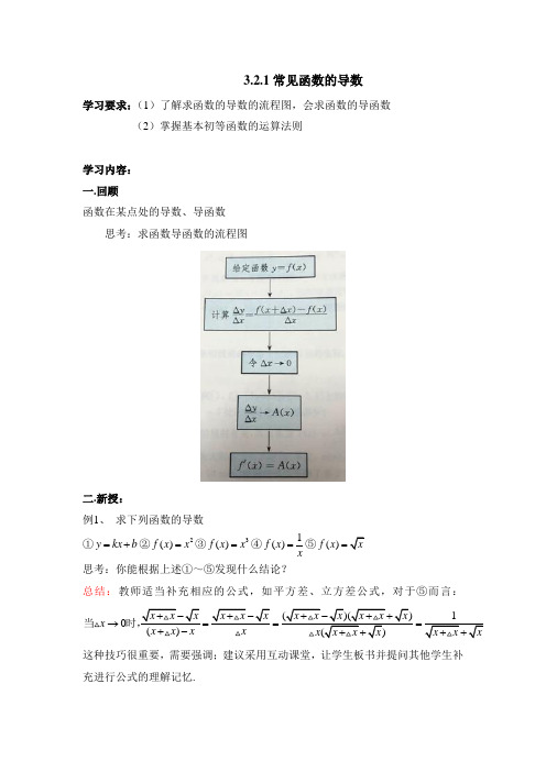 苏教版高中数学选修1-1《常见函数的导数》教案