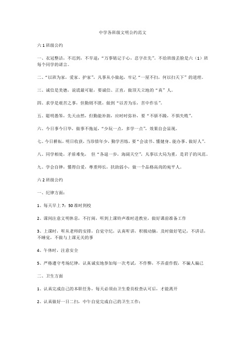 中学各班级文明公约范文