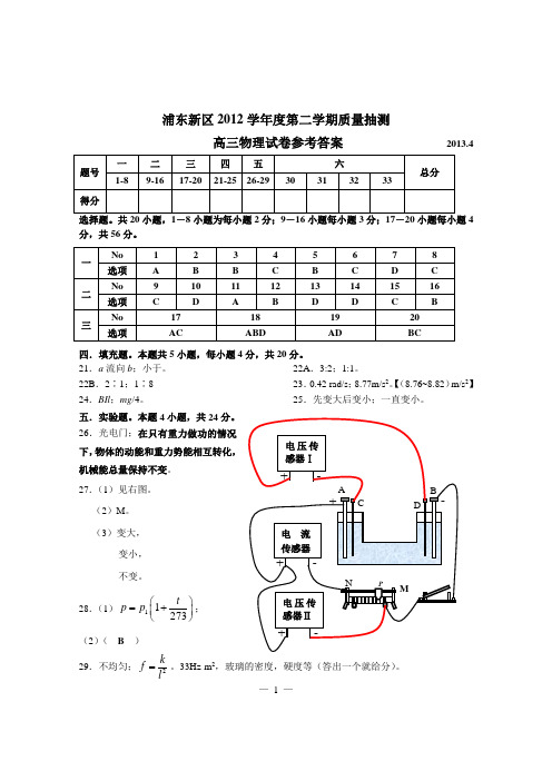 2013浦东新区高三二模物理答案