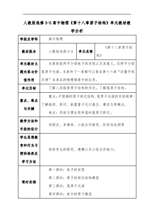 人教版选修3-5高中物理《第十八章原子结构》单元教材教学分析