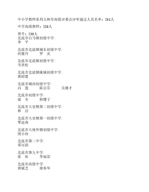 2014中小学教师系列玉林市高级评委会评审通过人员名单：261人