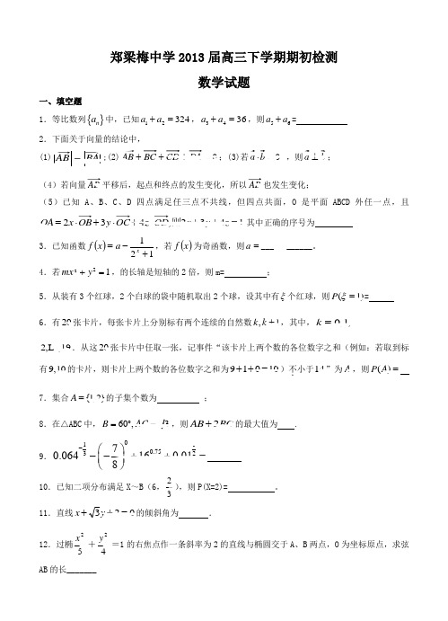 江苏省郑梁梅中学2013届高三下学期期初检测数学试题及答案