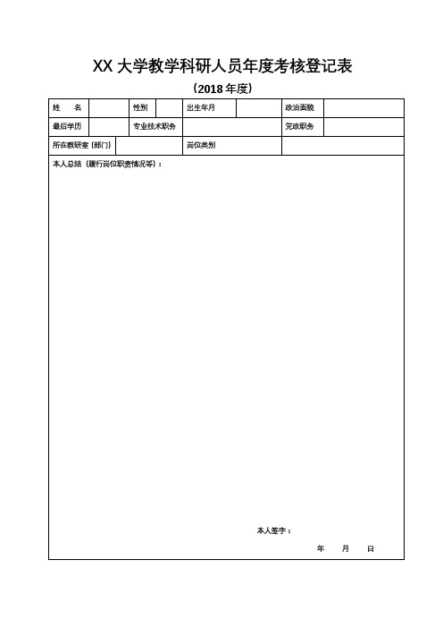 西北大学教学科研人员年度考核登记表【模板】