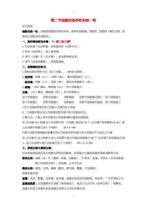 最新人教版高中生物必修1 第一章 走进细胞 细胞的多样性和统一性知识点归纳 