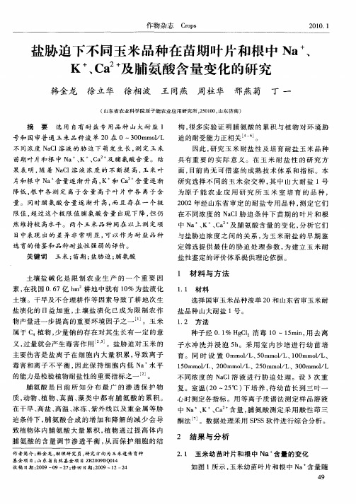 盐胁迫下不同玉米品种在苗期叶片和根中Na +、K +、Ca 2+及脯氨酸含量变化的研究