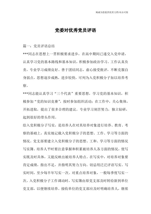 党委对优秀党员评语