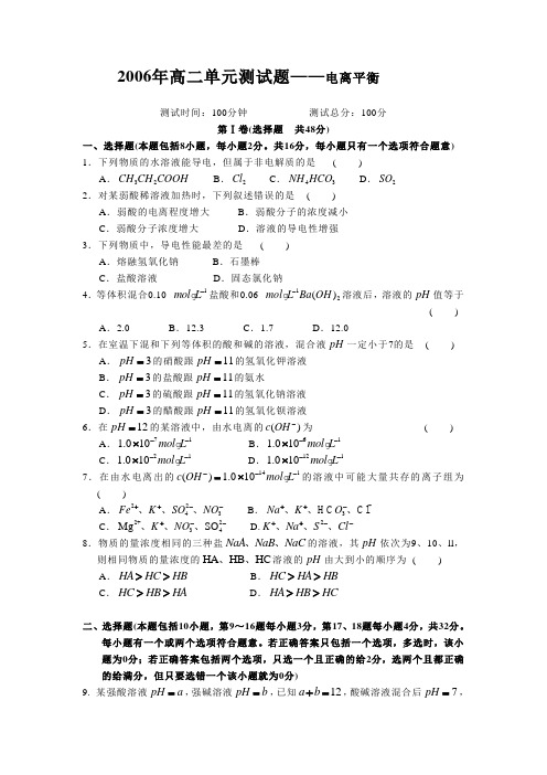 高二单元测试题——电离平衡