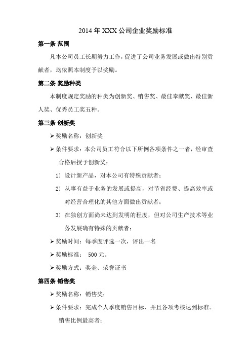 2014年XXX公司企业奖励标准