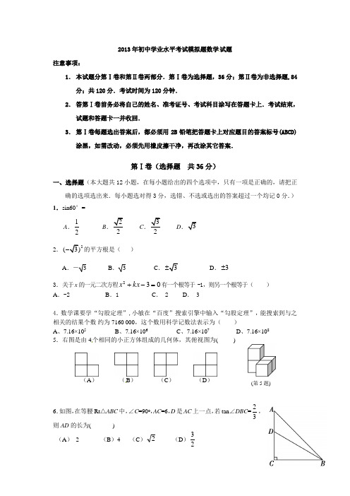 2013年初中学业水平考试模拟题数学试题 (潍坊)