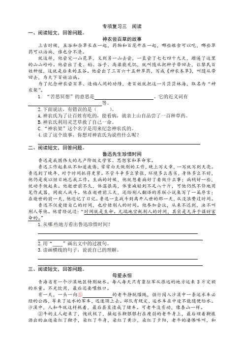 统编版语文四年级上册 专项复习三  阅读 同步练习题(word版有答案)