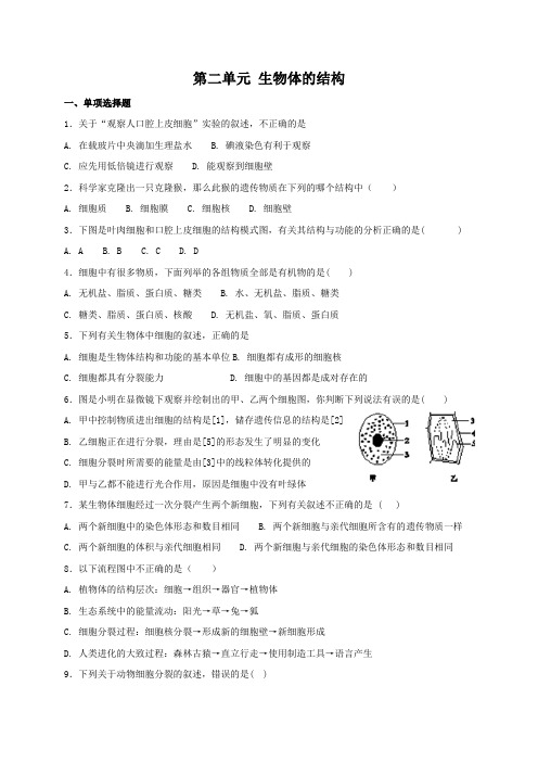 北师大版七年级上册生物 第二单元 生物体的结构 单元检测卷