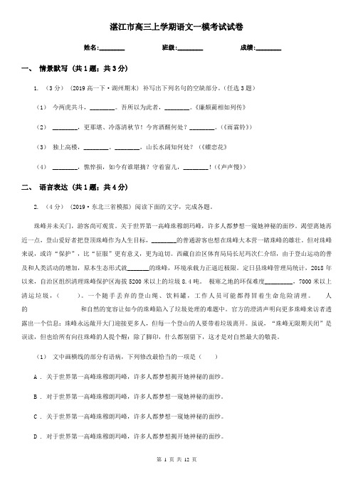湛江市高三上学期语文一模考试试卷