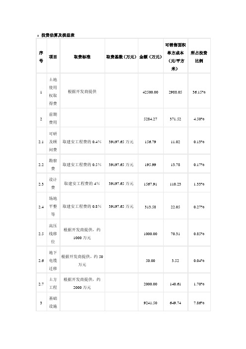 投资估算及损益表