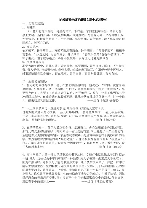 沪教版五年级下册语文期中复习资料教学提纲
