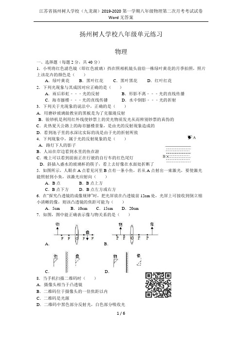 江苏省扬州树人学校(九龙湖)2019-2020第一学期八年级物理第二次月考考试试卷 Word无答案