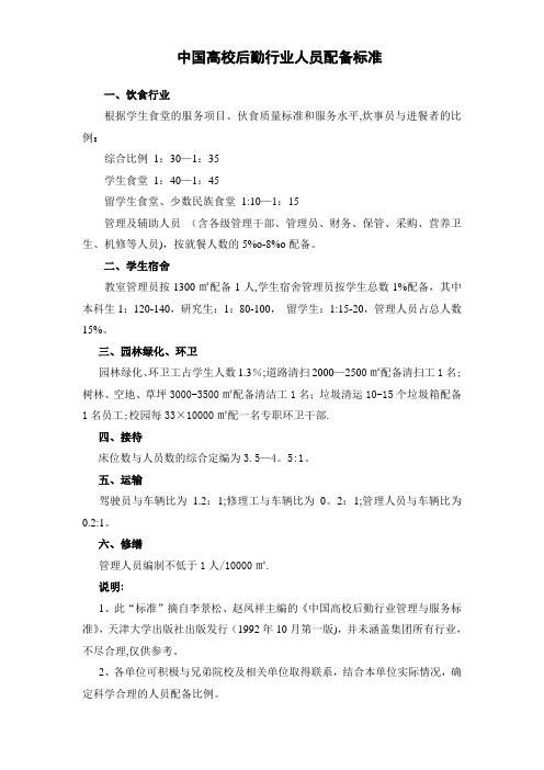 中国高校后勤行业人员配备标准