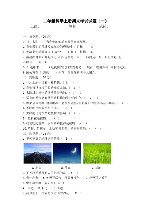 2021二年级上册科学期末考试试卷(含答案)教科版五套