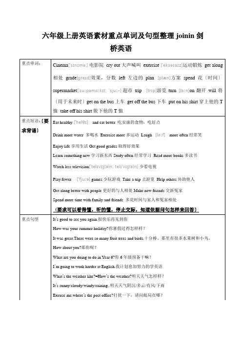 六年级上册英语素材重点单词及句型整理joinin剑桥英语