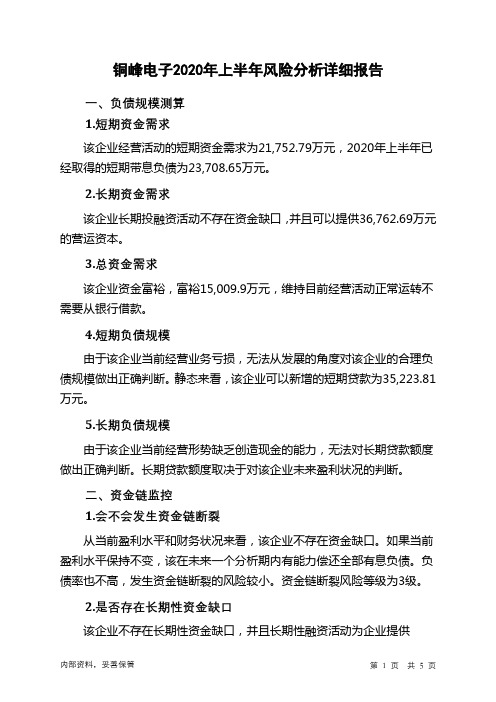铜峰电子2020年上半年财务风险分析详细报告