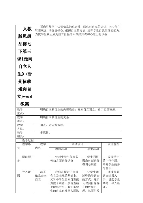 人教版思想品德七下第三课《走向自立人生》(告别依赖走向自立)word教案