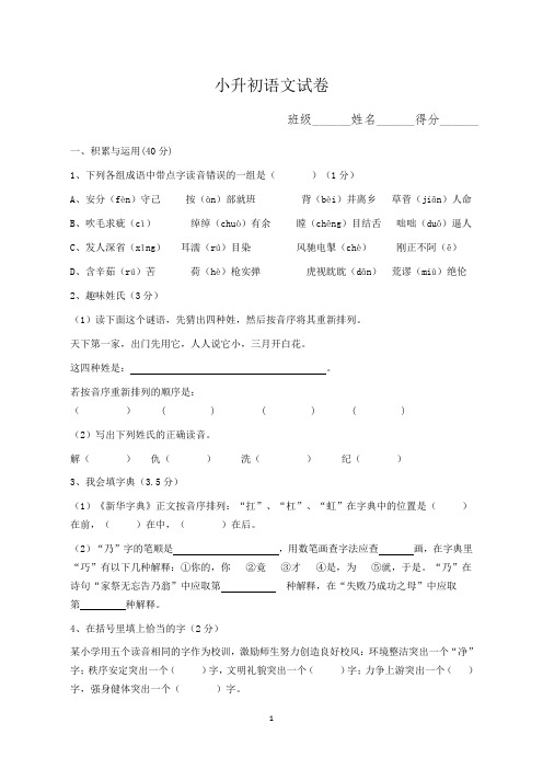 (人教版)小升初语文试题及参考答案-2015