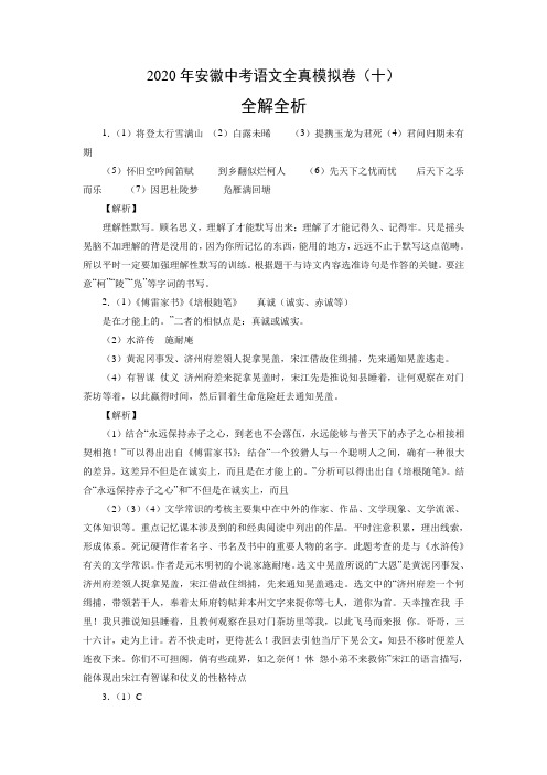 2020年安徽中考语文全真模拟卷(十)(全解全析)