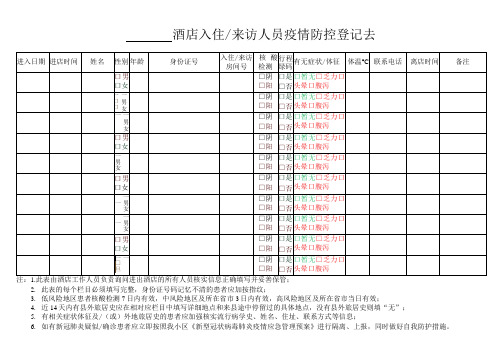 酒店入住人员疫情防控登记表