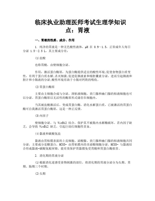 临床执业助理医师考试生理学知识点：胃液