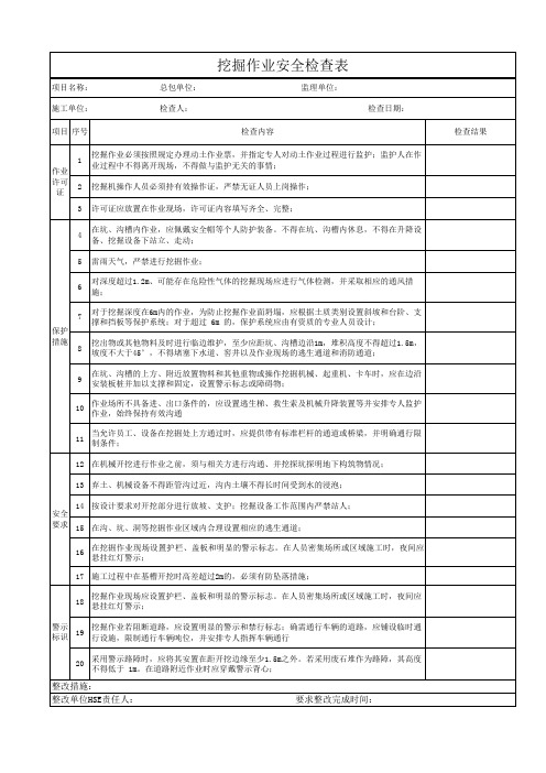 挖掘作业安全检查表