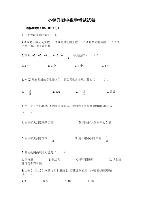 小学升初中数学考试试卷附参考答案(典型题)