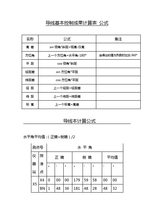 导线基本控制成果计算表 公式及常用三角函数
