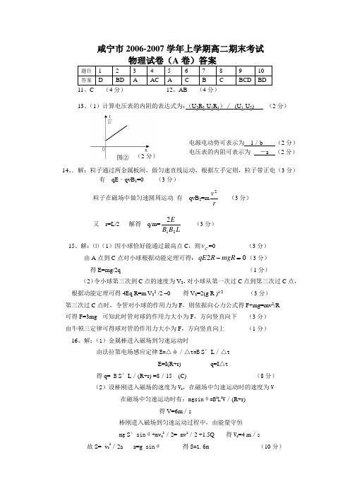 测评网学习资料-高二物理咸宁市2006—2007学年上学期高二期末考试A卷答案