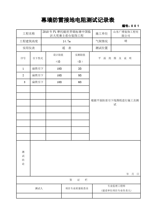 幕墙防雷接地电阻测试记录表
