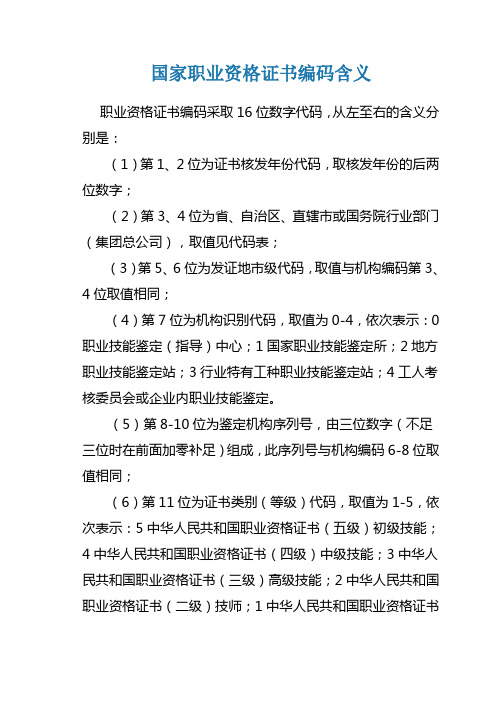 国家职业资格证书编码含义