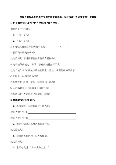 2020部编人教版小升初语文专题冲刺复习训练：句子专题(2句式变换)含答案