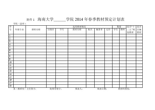 海南大学___学院2014年春季教材预定计划表
