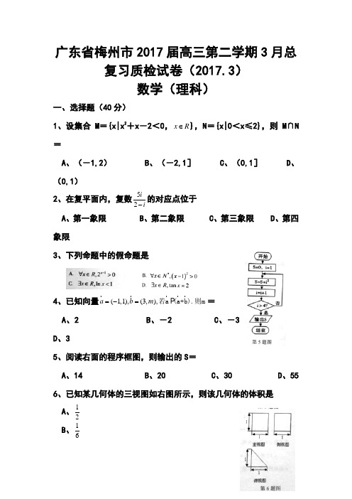2017届广东省梅州市高三第二学期3月总复习质检理科数学试卷及答案 精品