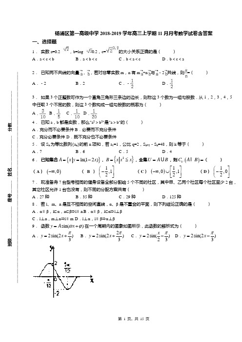 杨浦区第一高级中学2018-2019学年高三上学期11月月考数学试卷含答案