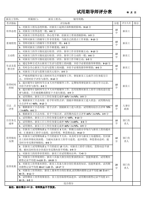 试用期导师评分表