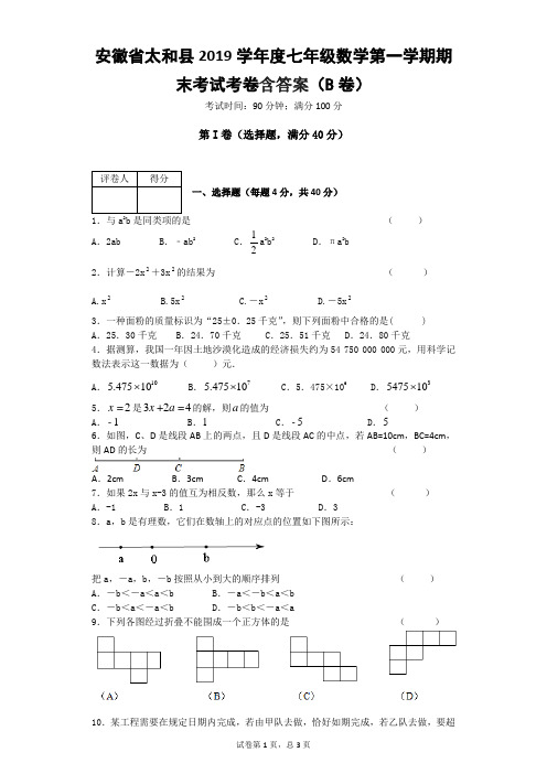 安徽省2019学年度七年级数学第一学期期末考试考卷含答案(B卷)