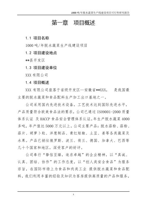精编蔬菜脱水生产线建设项目可行性研究报告模板范本